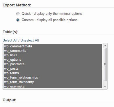 exporting database in wordpress
