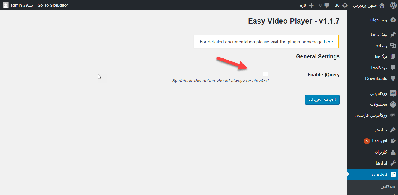 تنظیمات افزونه Easy Video Player