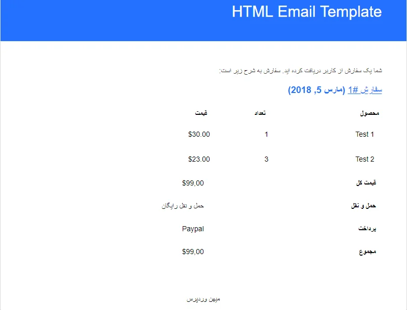 قالب ایمیل ایجاد شده