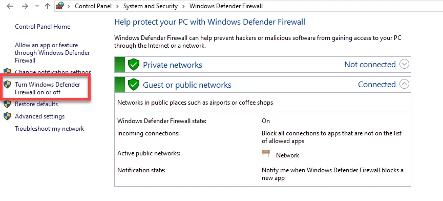 Turn Windows Defender Firewall on or off