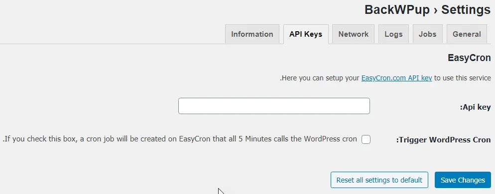 قسمت API Keys در تنظیمات پلاگین BackWPup 