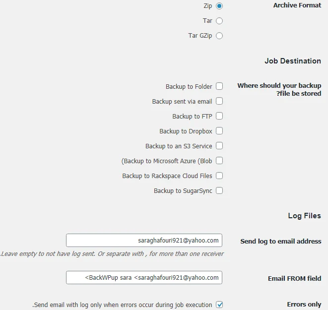 قسمت Archive Format در پلاگین BackWPup 