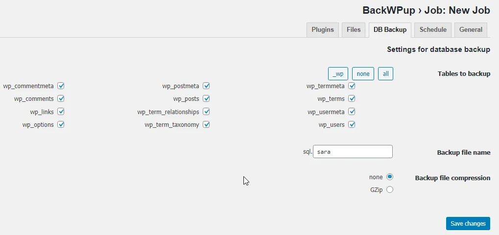 قسمت DB Backup در پلاگین BackWPup 