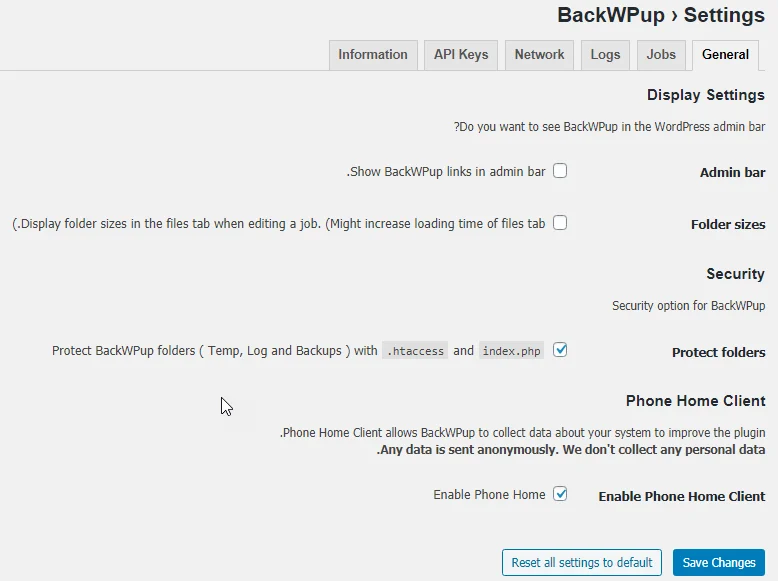 قسمت عمومی در تنظیمات پلاگین BackWPup 