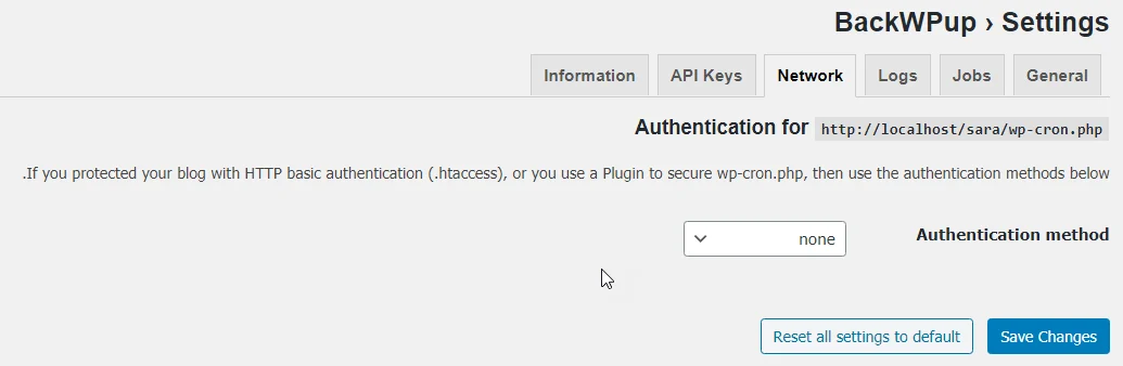 قسمت Network در تنظیمات پلاگین BackWPup 