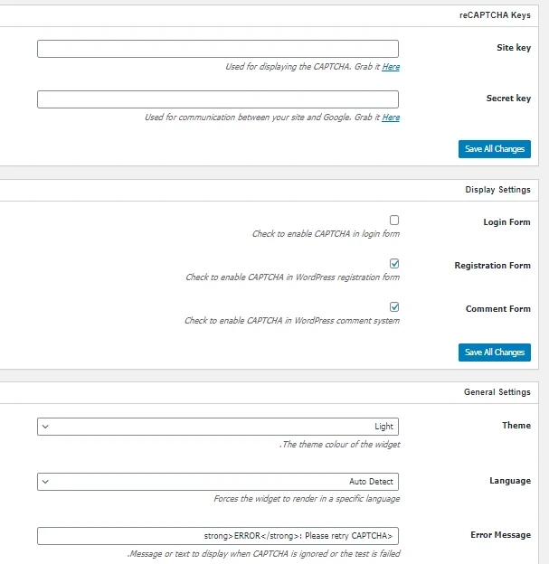 Plugin settings No CAPTCHA reCAPTCHA