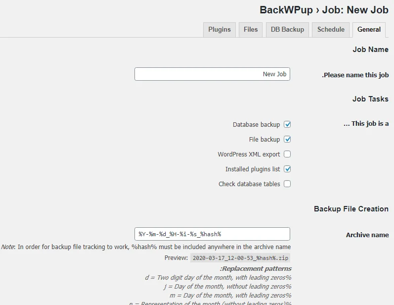 قسمت Job Name در پلاگین BackWPup 