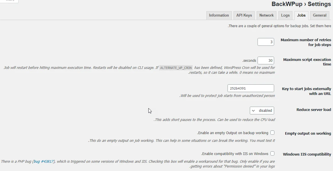 قسمت Jobs در تنظیمات پلاگین BackWPup 
