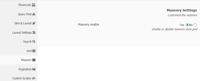 تنظیمات Masonry در افزونه Post Grid