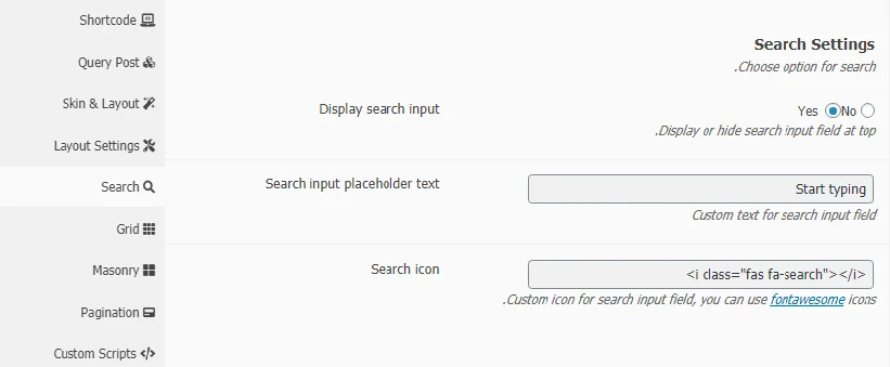 تنظیمات جستجو در افزونه Post Grid
