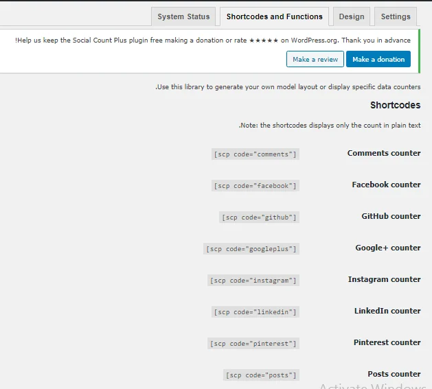 بخش شورت کد در افزونه Social Count Plus