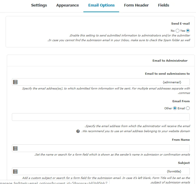 تنظیمات ایمیل در افزونه Form Maker