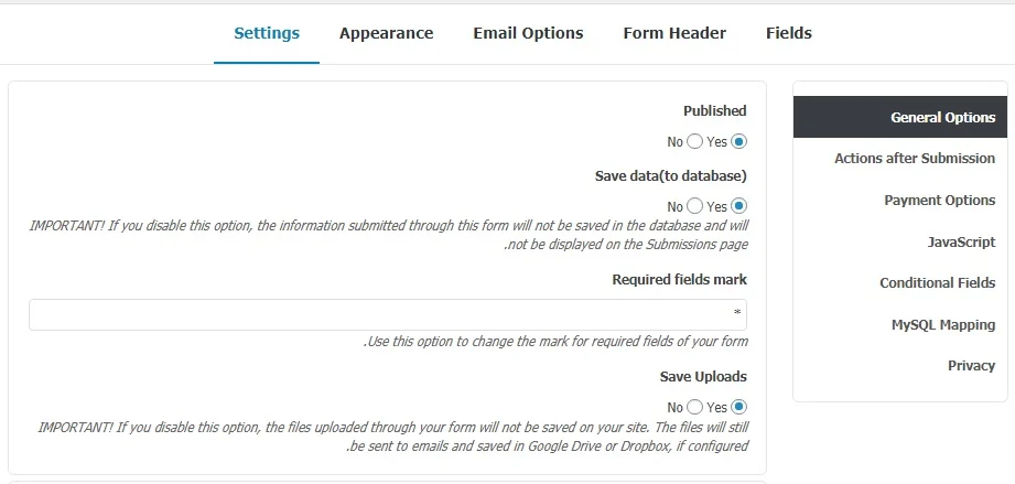 تنظیمات عمومی در افزونه Form Maker