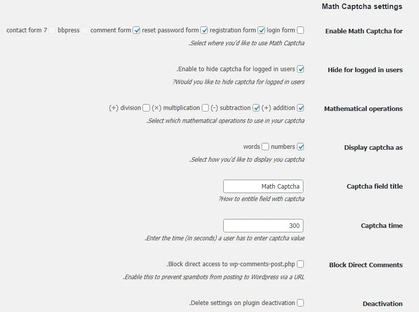 تنظیمات افزونه Math Captcha