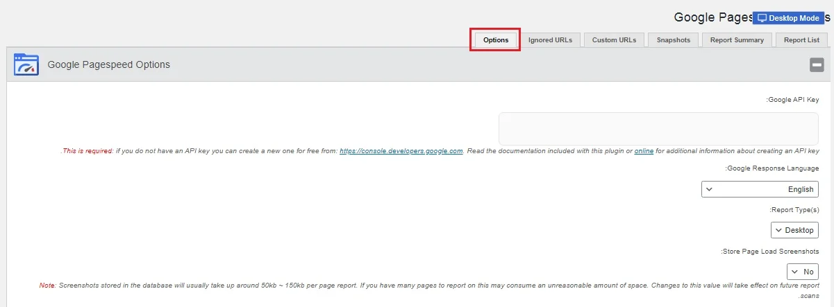 بخش Options در افزونه Google Pagespeed Insights