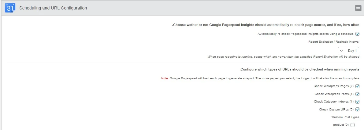 بخش Scheduling and URL Configuration در افزونه Google Pagespeed Insights