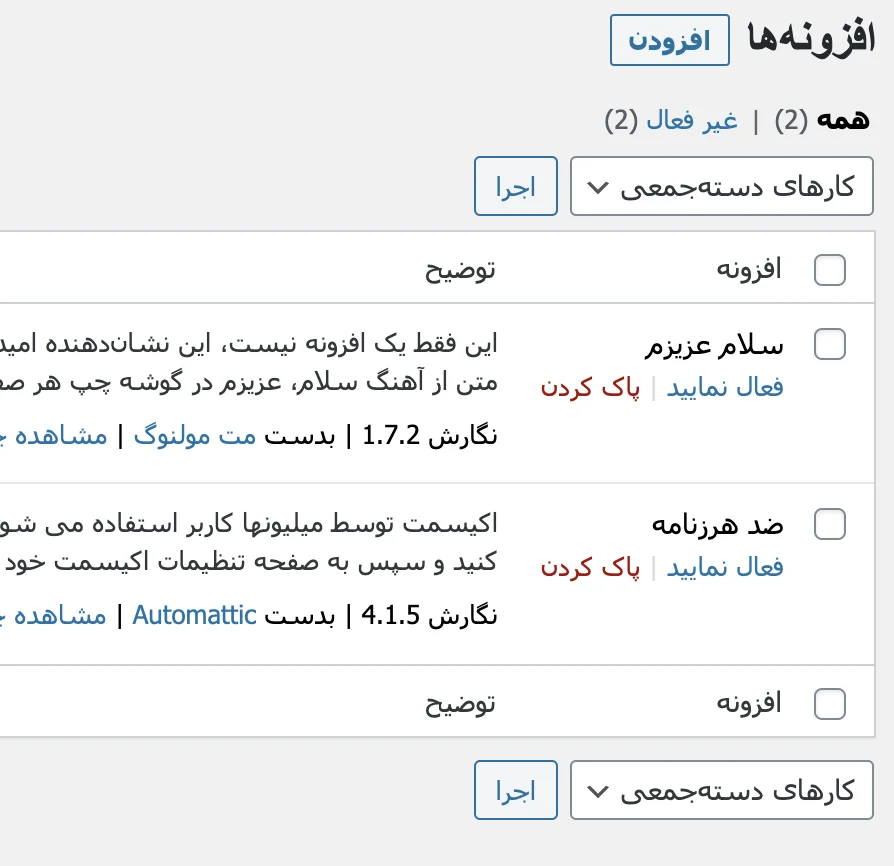 لیست افزونه های غیر فعال شده در وردپرس