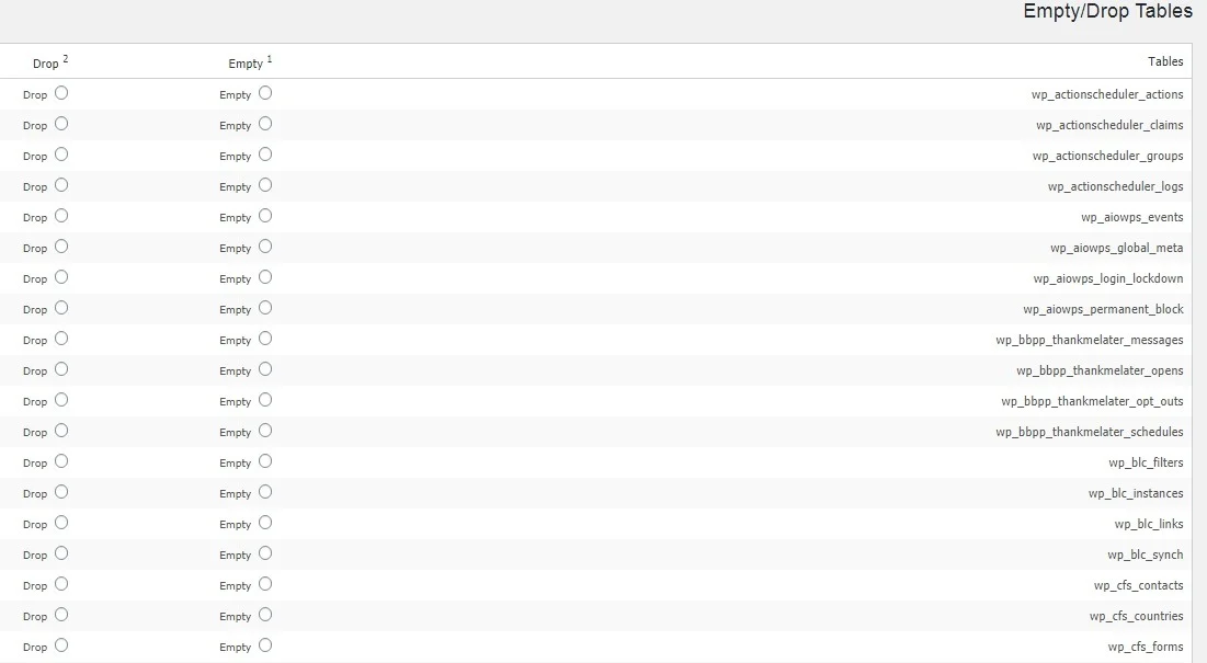 قسمت Empty Drop tables در افزونه WP-DBManager