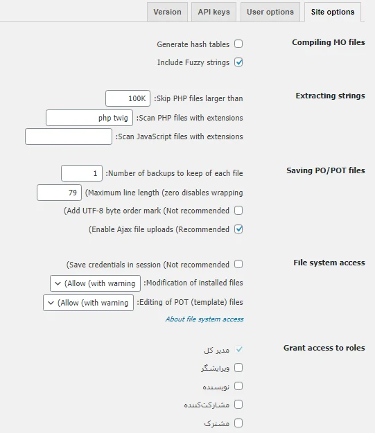 تنظیمات افزونه Loco Translate