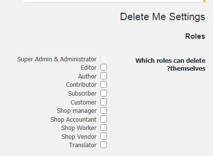 انتخاب نقش کاربری در افزونه Delete Me