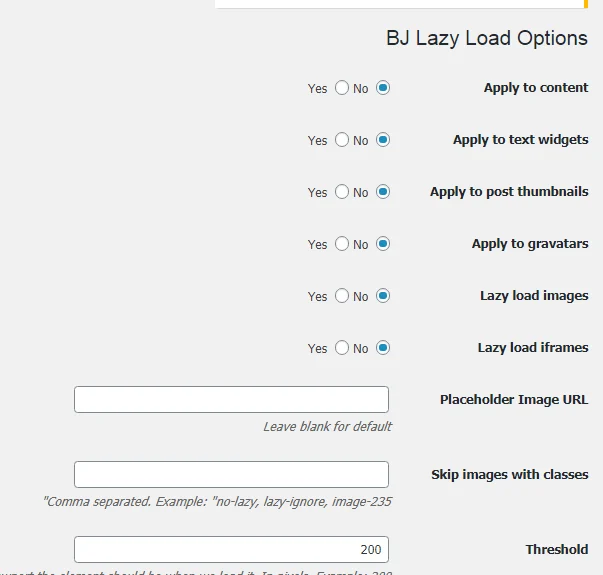 تنظیمات افزونه BJ Lazy Load
