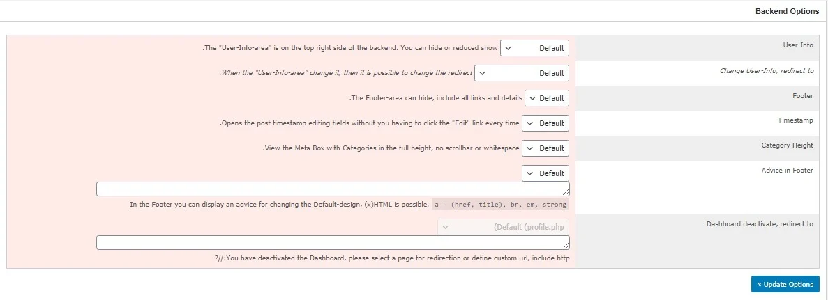 گزینه‌های Backend Options در افزونه Adminimize