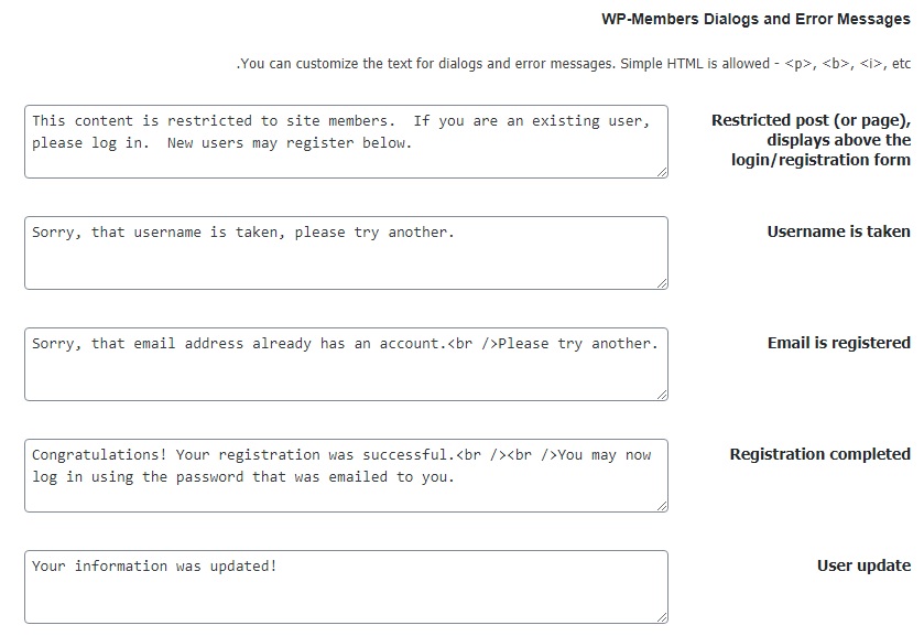تنظیمات Dialogs در افزونه WP-Members Membership Plugin
