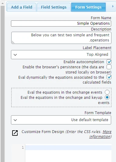 تنظیمات فرم در افزونه Calculated Fields Form
