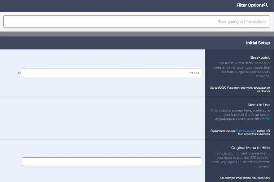 تنظیمات بخش Initial Setup در افزونه Responsive Menu