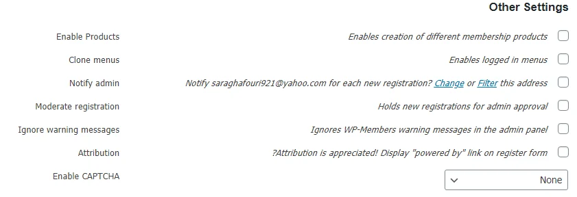 Other Settings در افزونه WP-Members Membership Plugin
