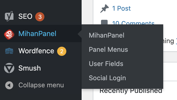 Manage user panel plugin menus