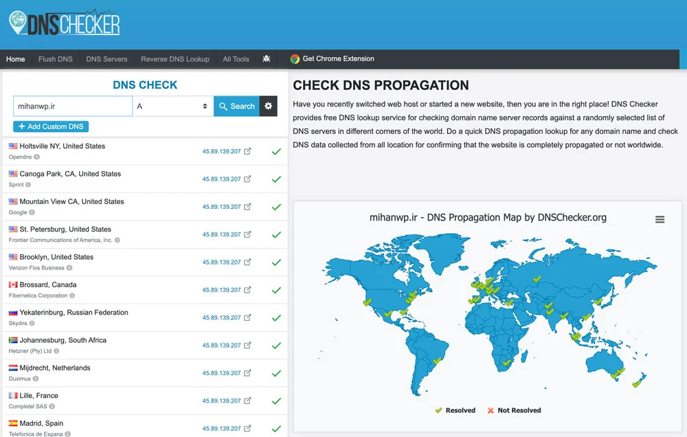 بررسی تنظیم بودن DNS دامنه