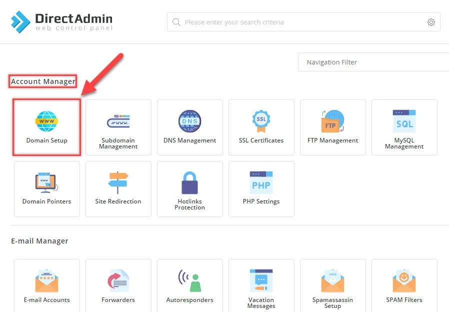 ورود به ناحیه Domain Setup