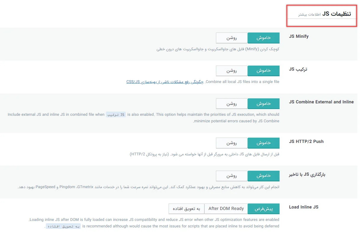 تنظیمات JS افزونه Lite Speed Cache