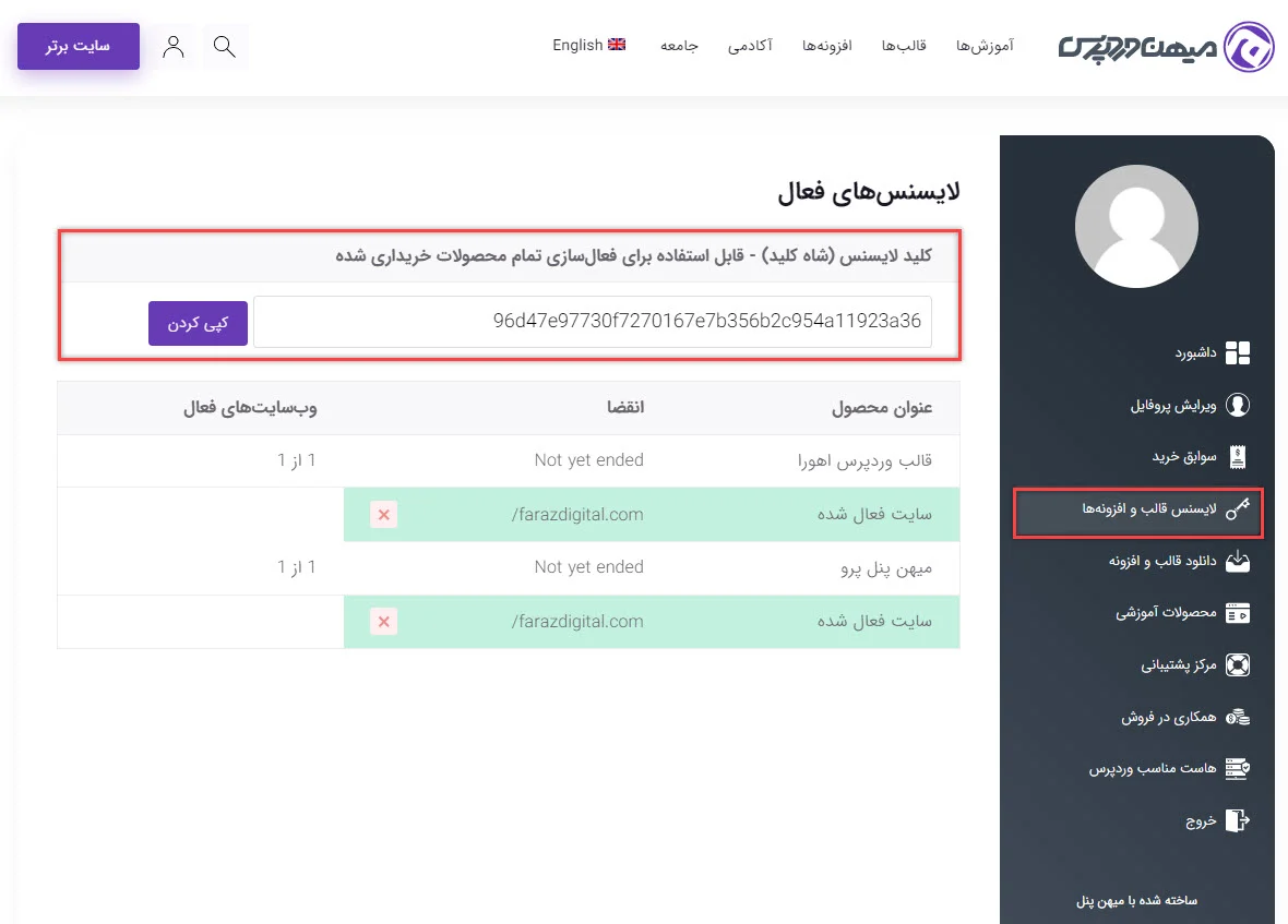 لایسنس قالب اهورا در پنل کاربری سایت میهن وردپرس