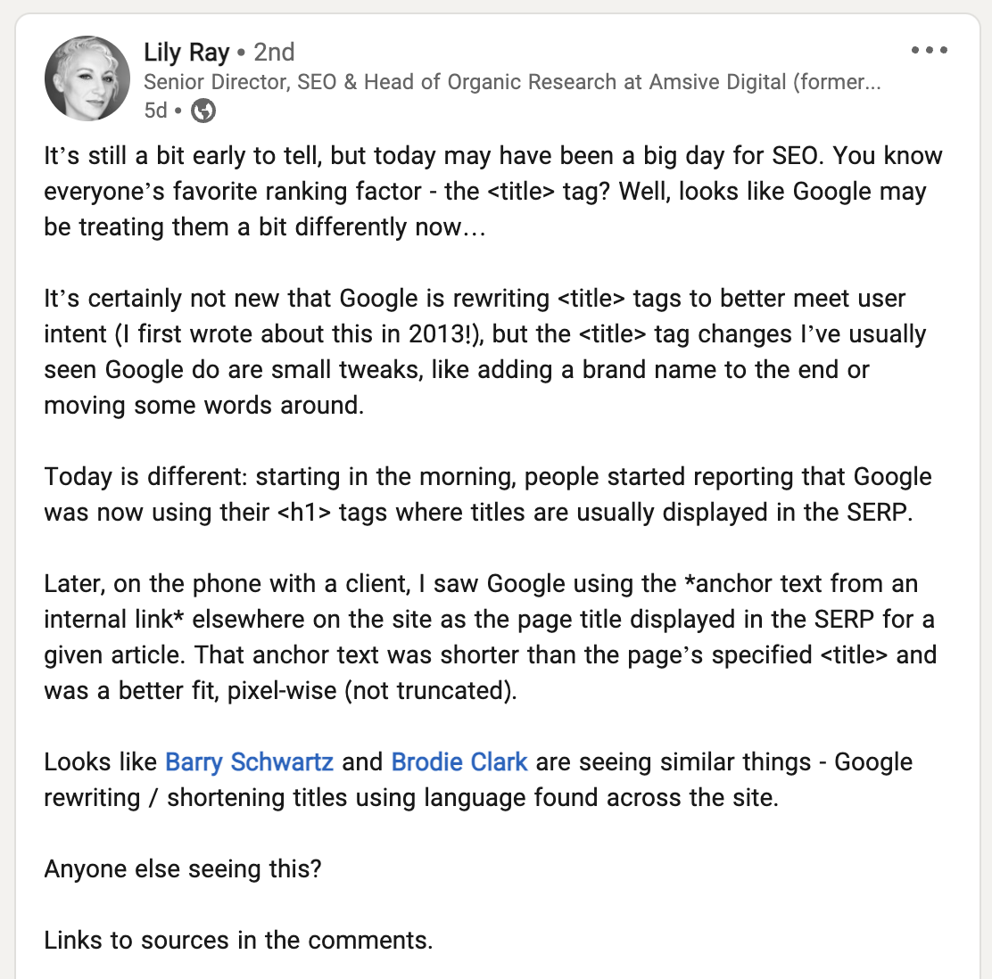 پست Lily Ray در لینکداین درباره تغییر عنوان نتایج توسط گوگل