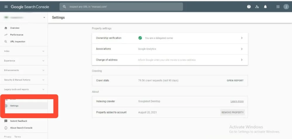 بخش Settings در گوگل سرچ کنسول جدید