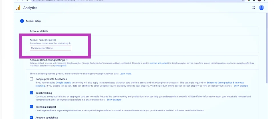 نام اکانت گوگل آنالیتیکس خود را مشخص کنید