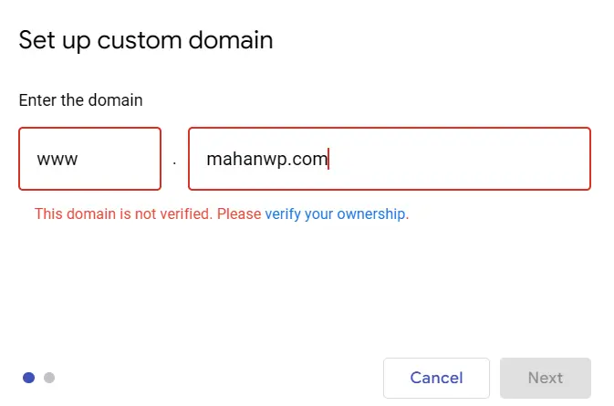 insert my dimain name in custom domains for google sites