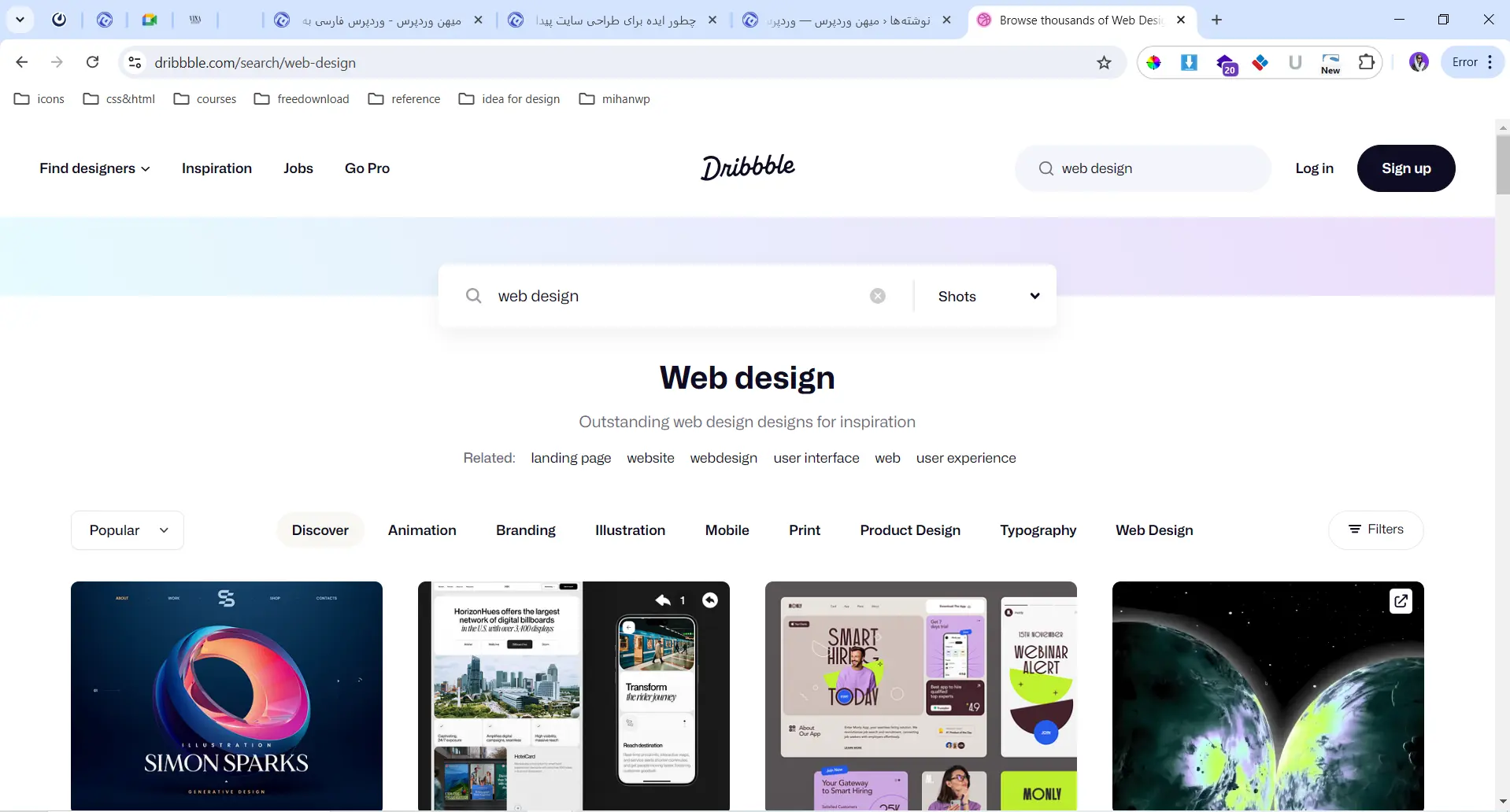 search web design in main page of dribbble