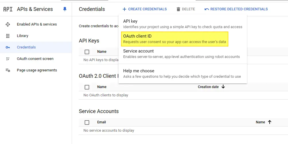 select OAuth client id