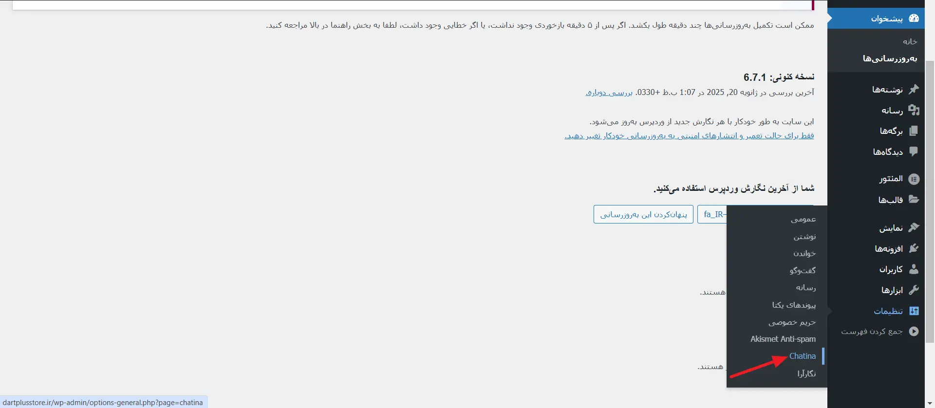 چتینا در تنظیمات وردپرس