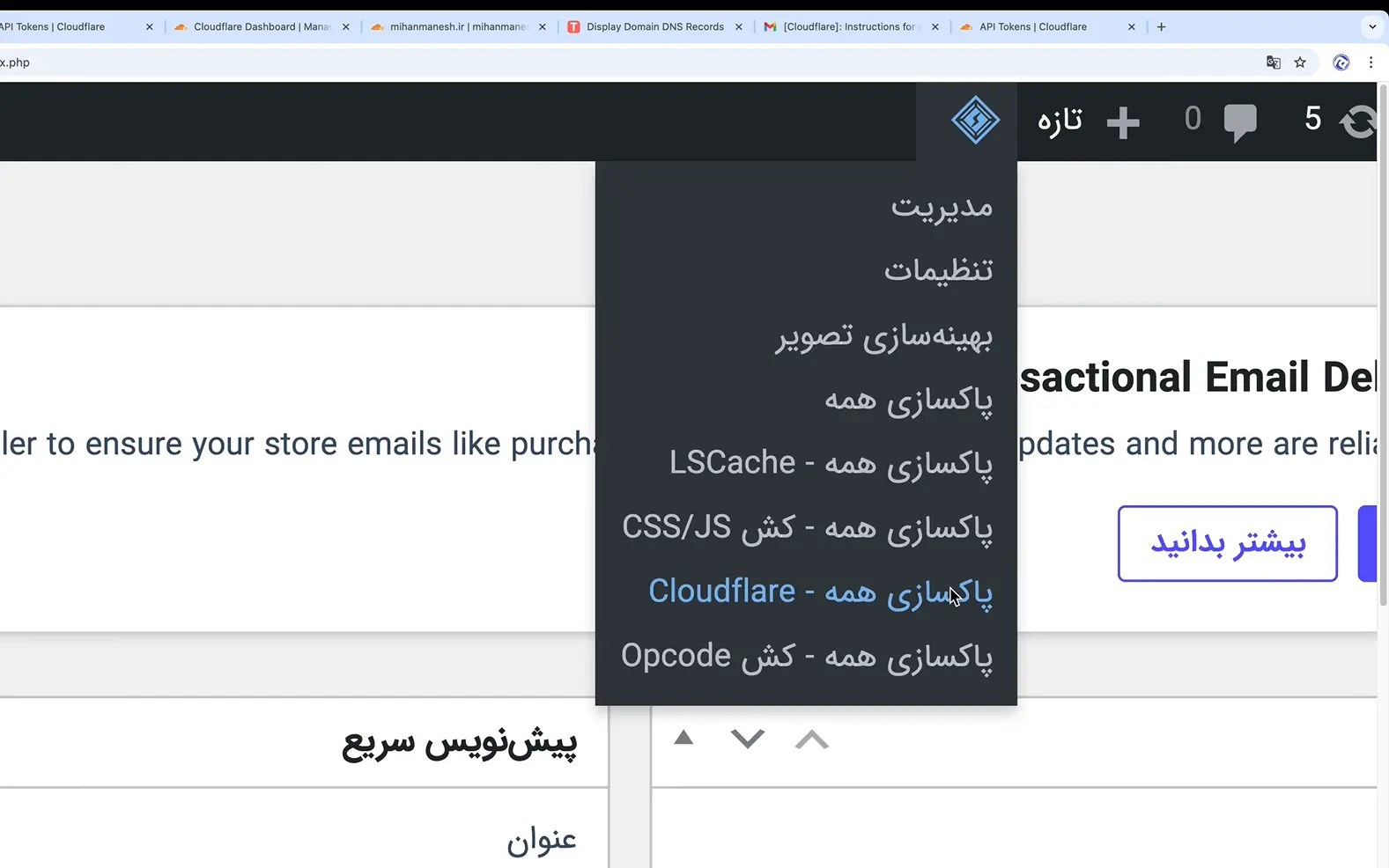 نصب Cloudflare روی سایت و انجام تنظیمات آن پاکسازی کش Cloudflare