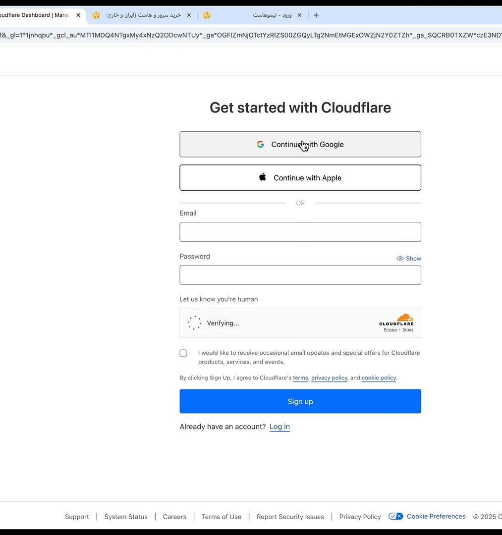 نصب Cloudflare روی سایت و انجام تنظیمات آن ورود به کلودفلر با اکانت گوگل