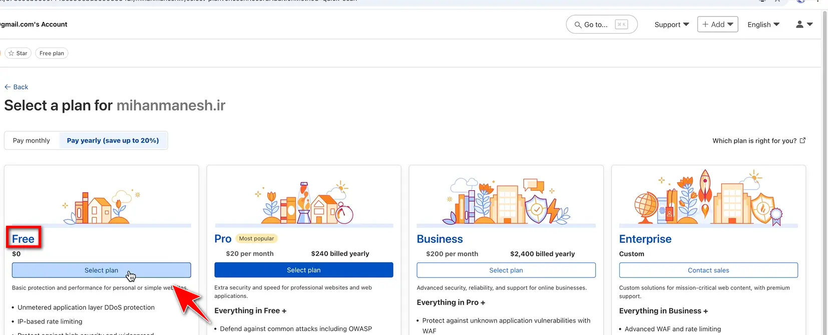 نصب Cloudflare روی سایت و انجام تنظیمات آن انتخاب پلن رایگان