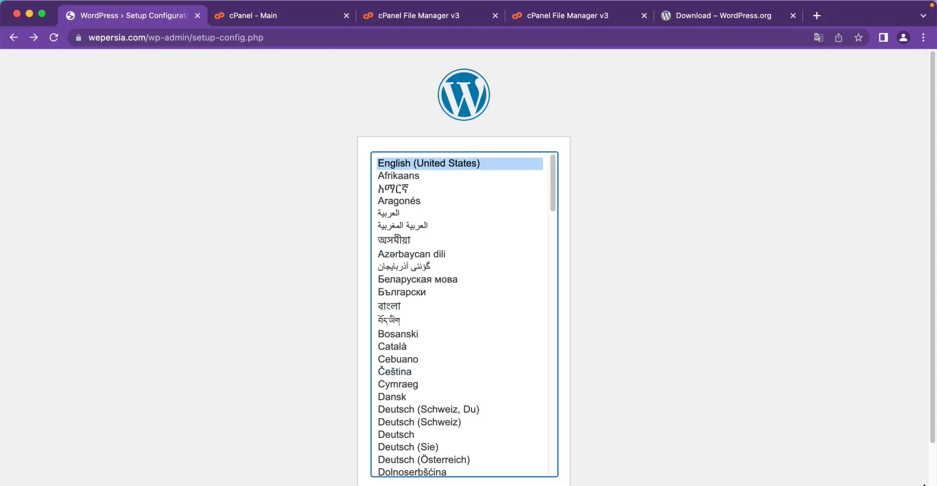 جلسه ۸: نصب وردپرس روی هاست سی پنل (CPanel) انتخاب زبان وردپرس