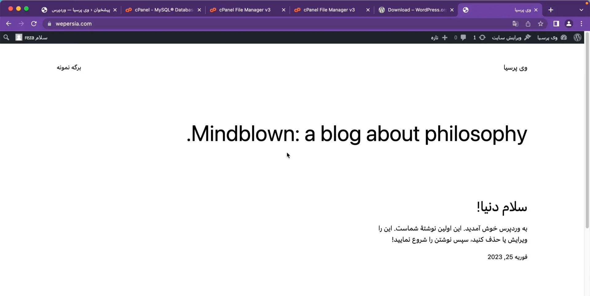 جلسه ۸: نصب وردپرس روی هاست سی پنل (CPanel) نمایش صفحه اصلی سایت تازه نصب شده