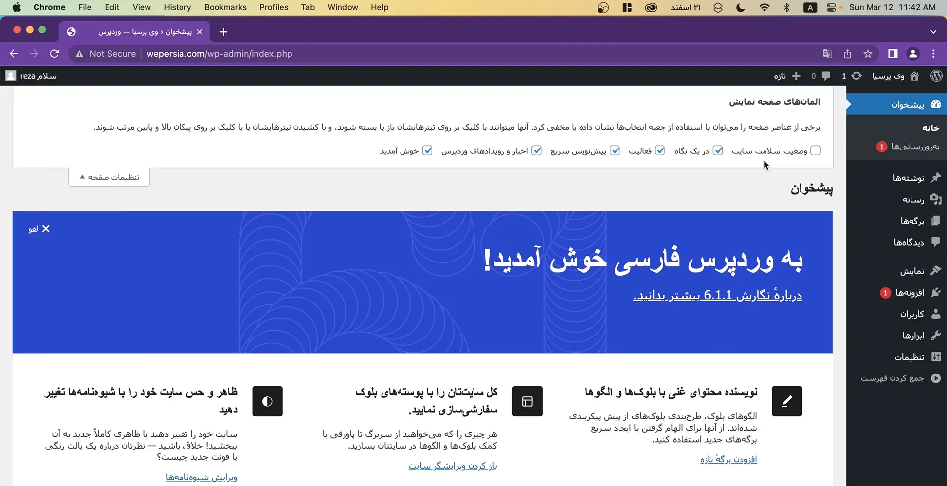 بخش تنظیمات صفحه ظاهر بخش پیشخوان