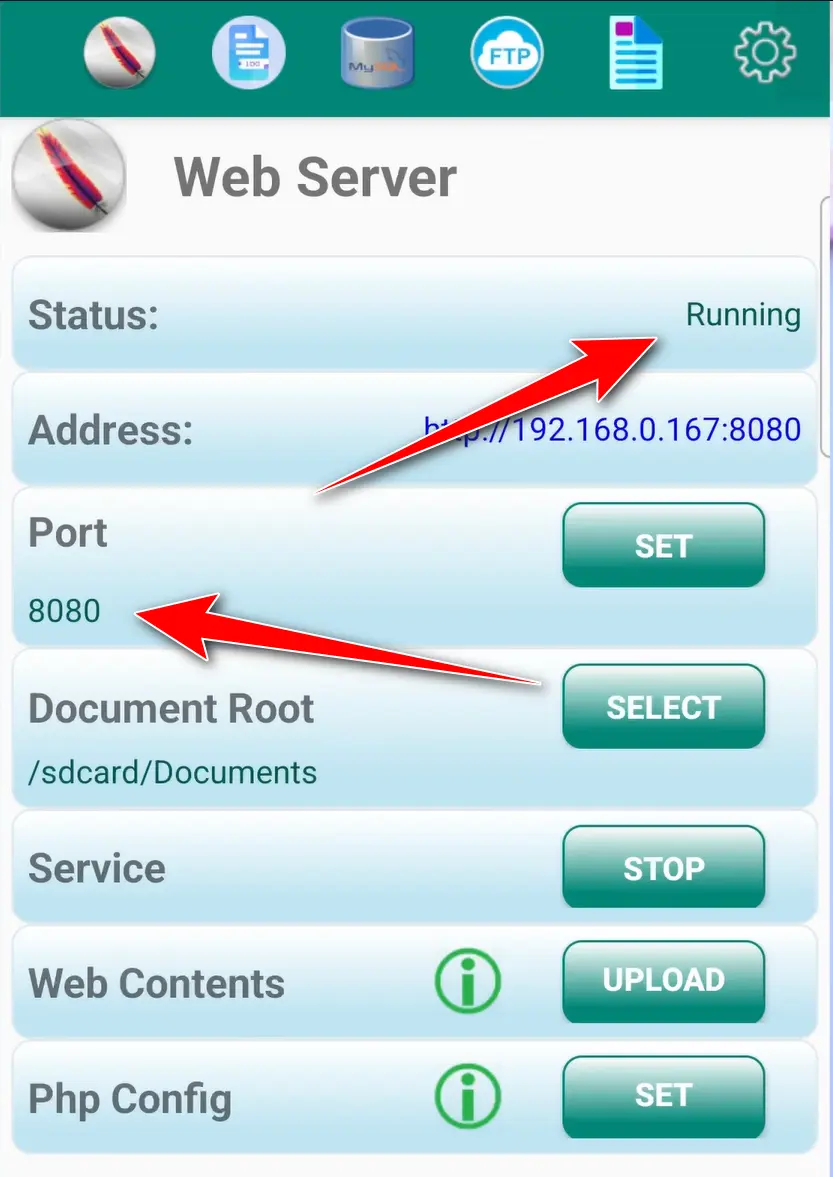 نصب وردپرس روی گوشی موبایل اندروید انتخاب پورت ۸۰۸۰