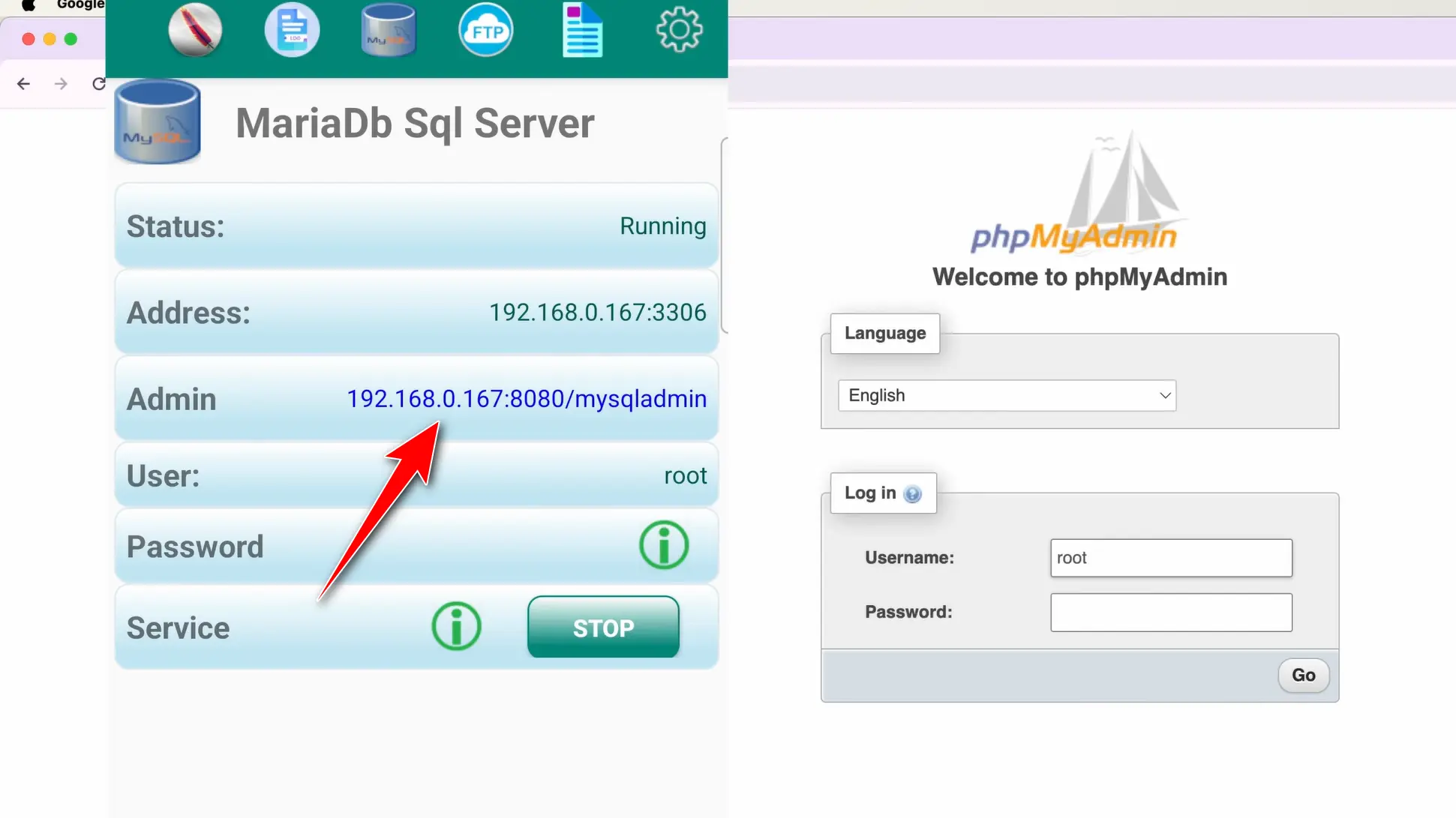 نصب وردپرس روی گوشی موبایل اندروید ورود به PHPMyadmin با لپتاپ